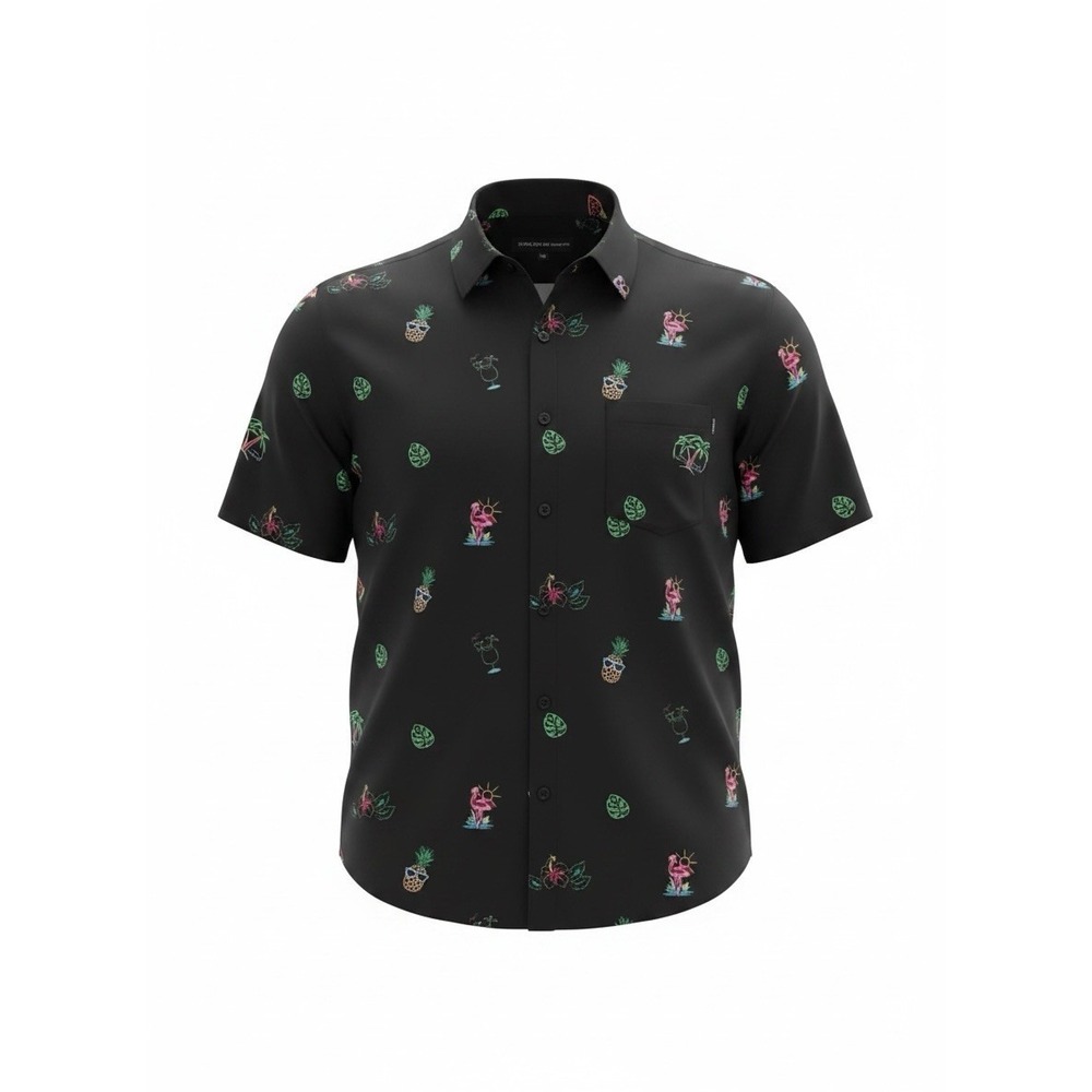 Molokai Surf Co Hawaiian Shirt Mens XXL Black Tropical Flamingo Button Up